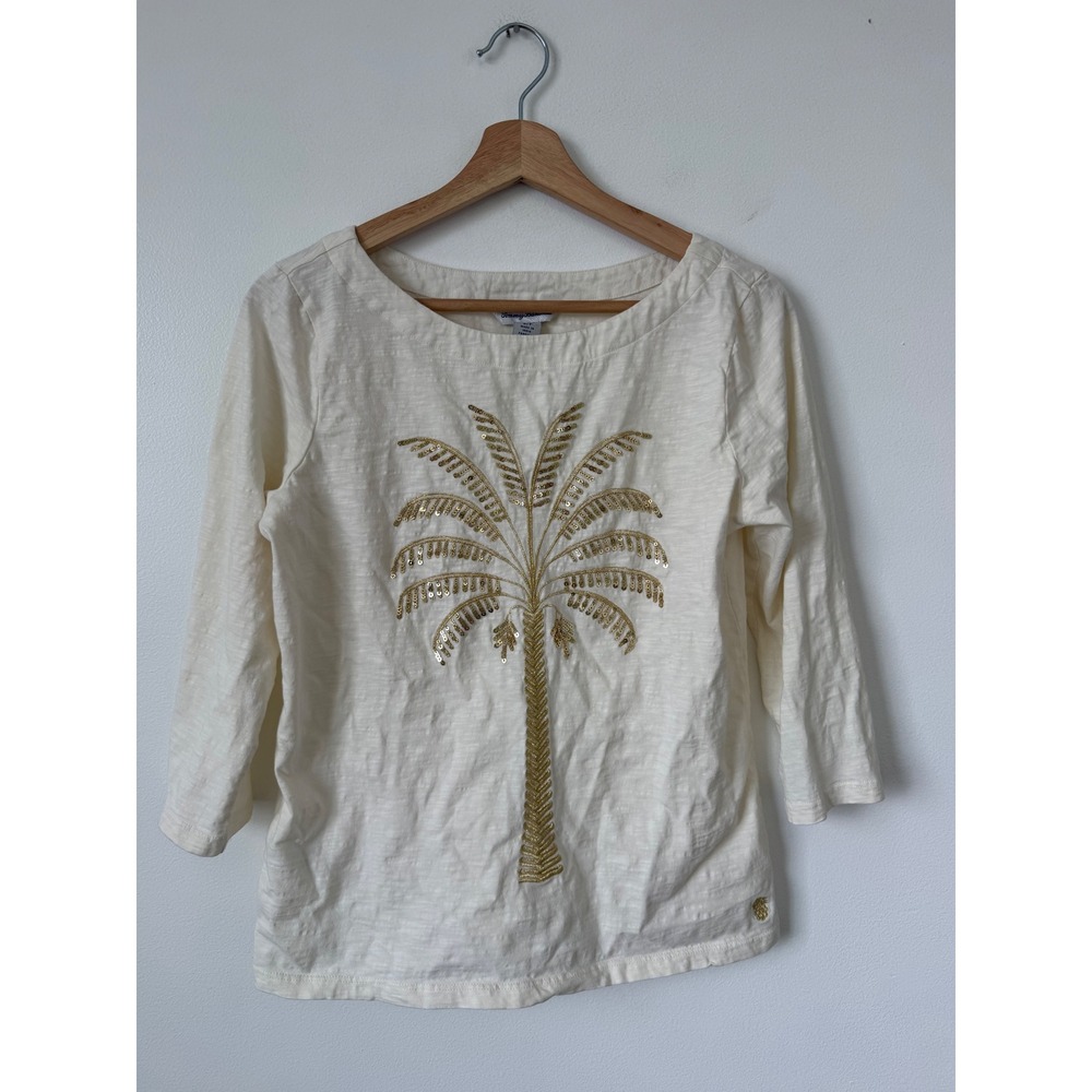 Tommy Bahama "Puerta Del Sol Lux" Sequin Palm Tree T-Shirt Coconut White Size S - Picture 2 of 5